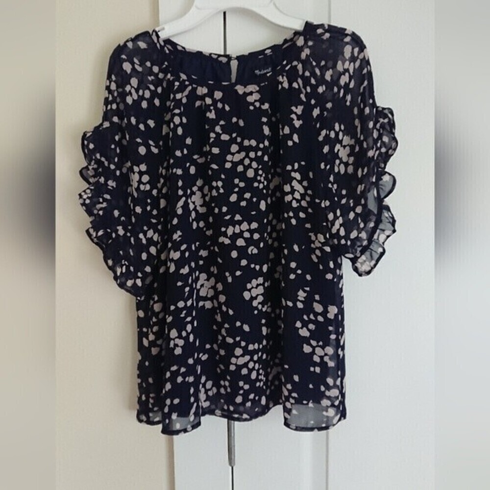 Madewell Dark Navy Blue & Cream Dotted Blouse Top